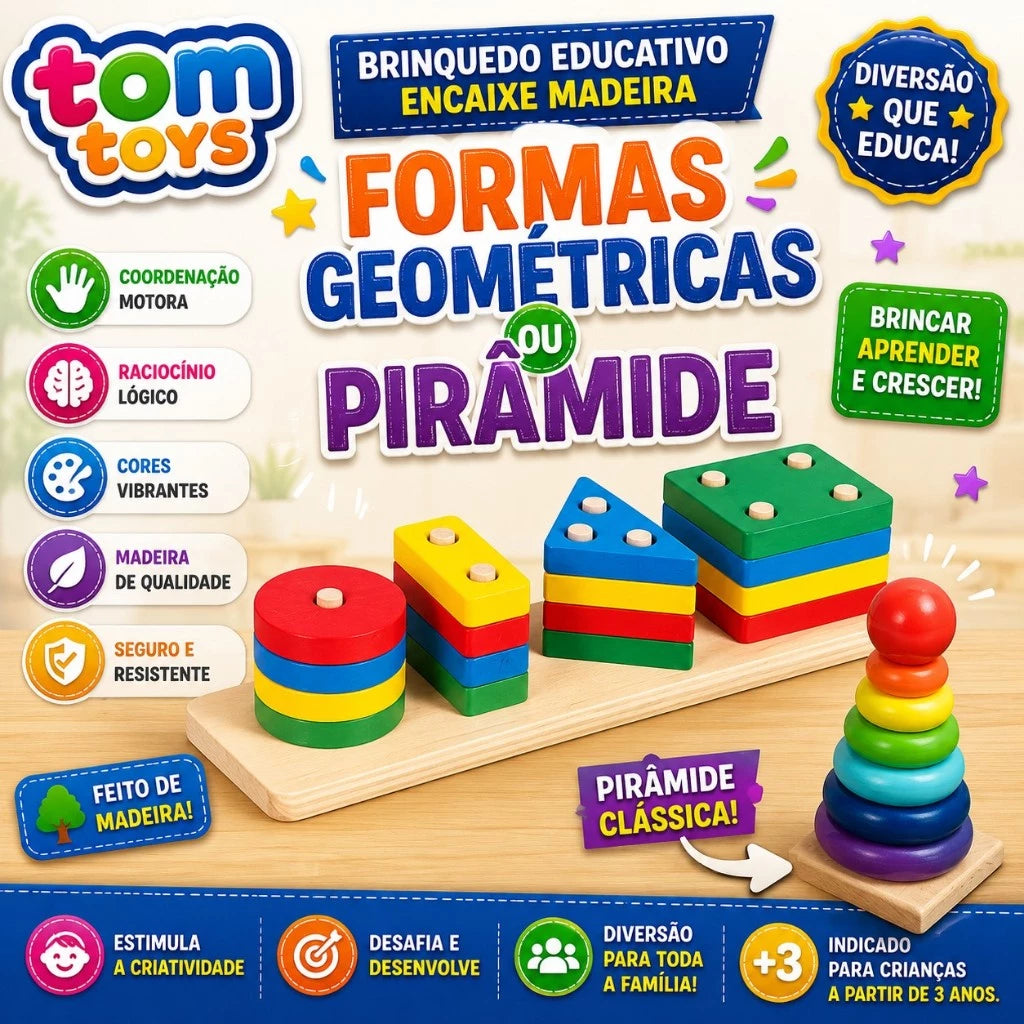 Torre de argolas e encaixe geométrico Montessori de madeira