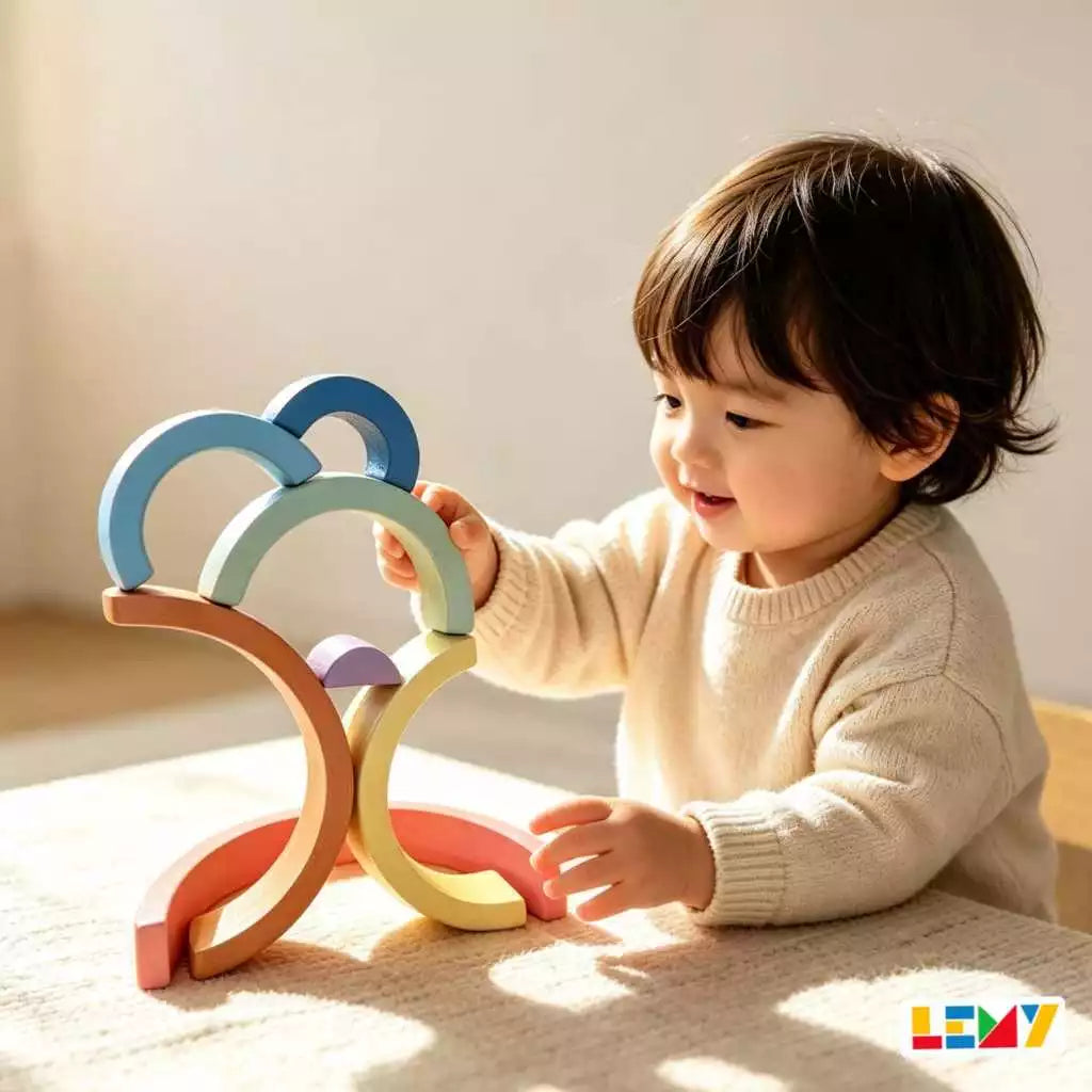 Brinquedo Montessori arco-íris de madeira - detalhe