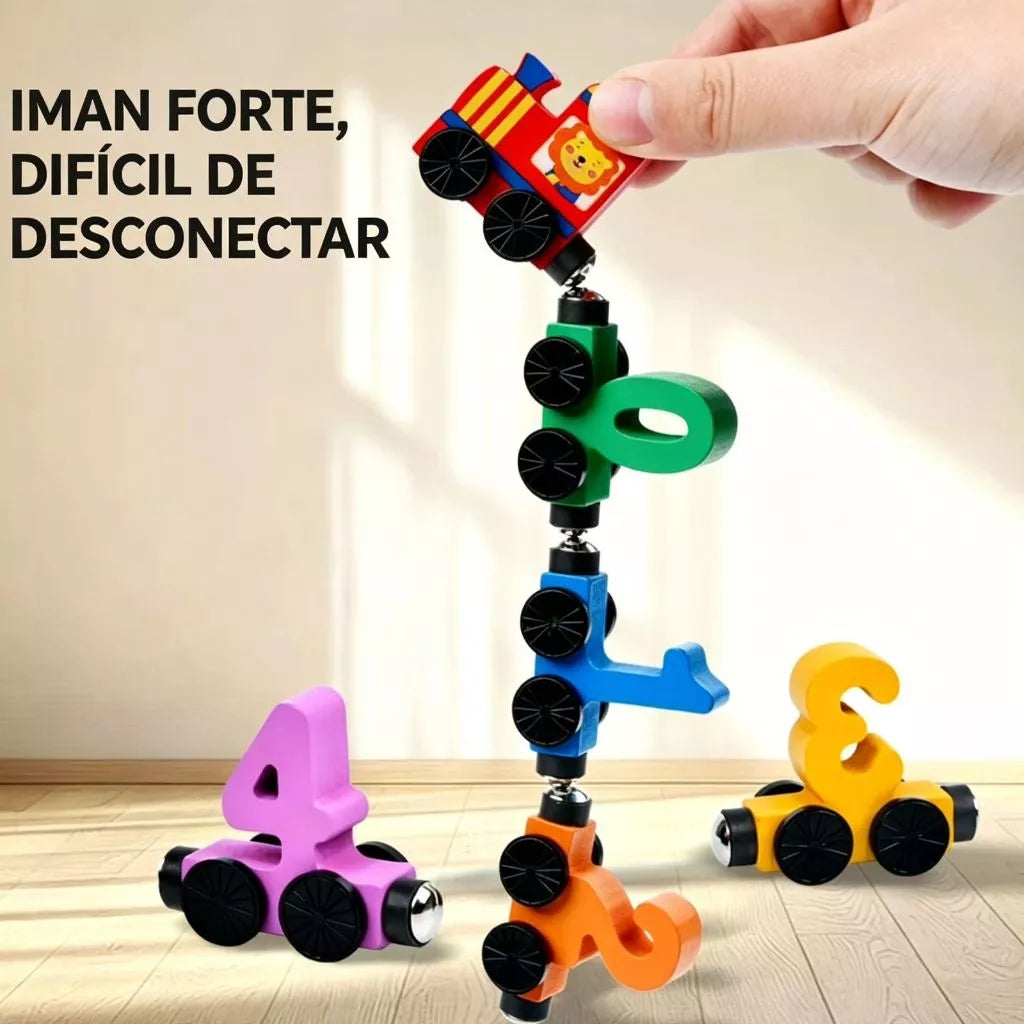 Trem Magnético de Madeira com Números 0-10 - Brinquedo Educativo Montessori para Aprender Contar, Cores e Matemática