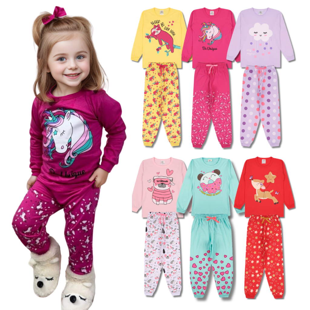 Kit 2 Pijamas Infantis Menina Manga Longa 100% Algodão - foto 1