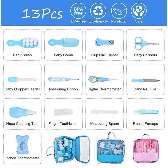 Kit 13 Higiene Cuidado Bebê Recém Nascido Essencial 13 Peças Cuidados Com O Bebê Recém Cortador Escova Cabelo Unha Pente