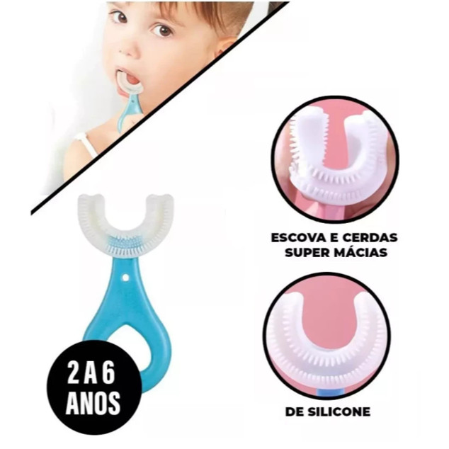 Escova Infantil Formato U 360° De Silicone Ultra Macia Para Higiene Bucal Segura e Confortável Para Bebês e Crianças