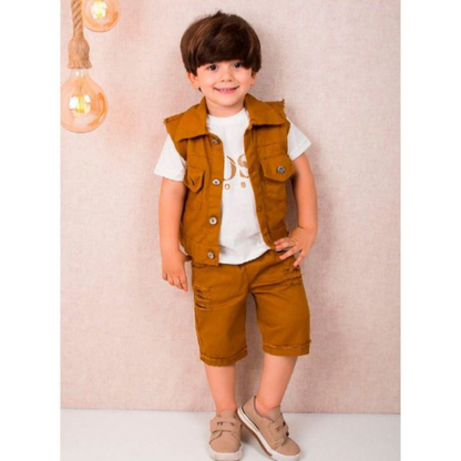 Conjunto Trio para Meninos - Bermuda, Camiseta e Colete Estilo Moderno