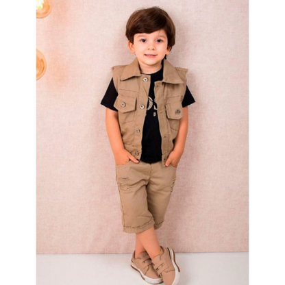 Conjunto Trio para Meninos - Bermuda, Camiseta e Colete Estilo Moderno