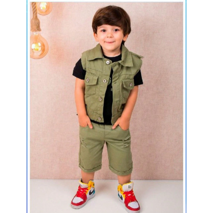 Conjunto Trio para Meninos - Bermuda, Camiseta e Colete Estilo Moderno