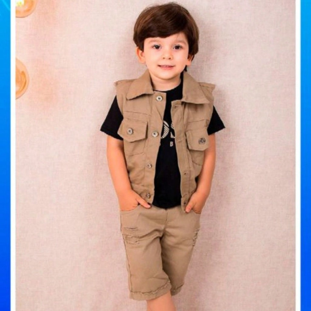Conjunto Trio para Meninos - Bermuda, Camiseta e Colete Estilo Moderno