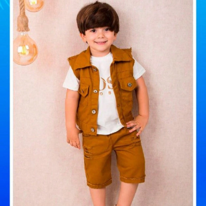 Conjunto Trio para Meninos - Bermuda, Camiseta e Colete Estilo Moderno