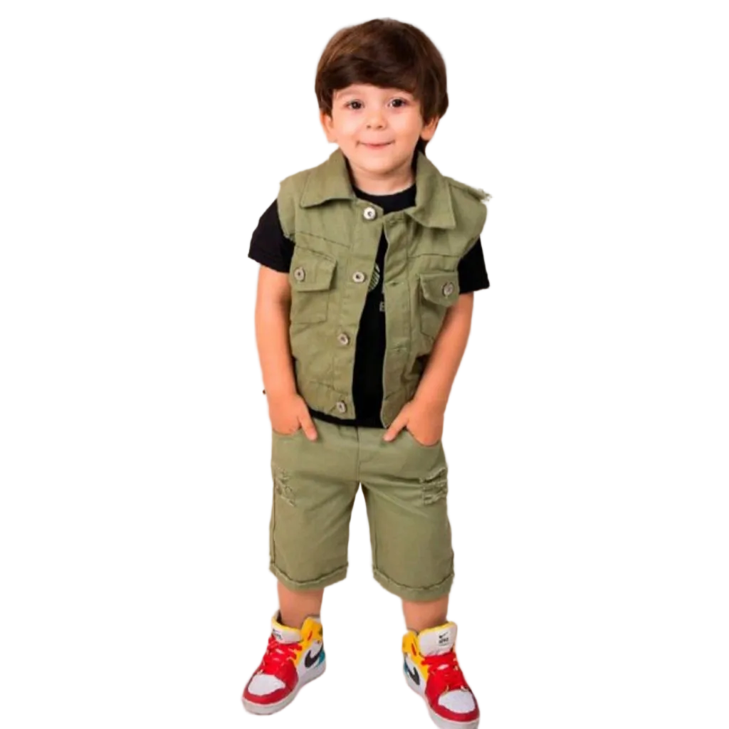 Conjunto Trio para Meninos - Bermuda, Camiseta e Colete Estilo Moderno