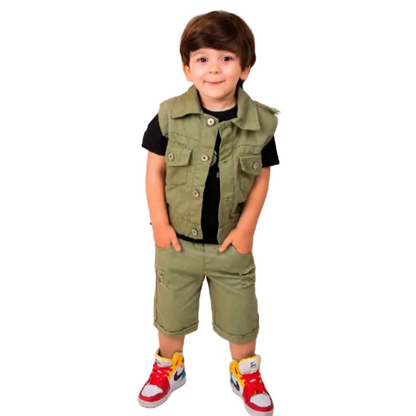Conjunto Trio para Meninos - Bermuda, Camiseta e Colete Estilo Moderno