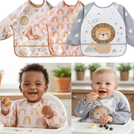 Babador Impermeável Azul ou Rosa com Mangas para Bebê BLW Introdução Alimentar com Cata Migalhas