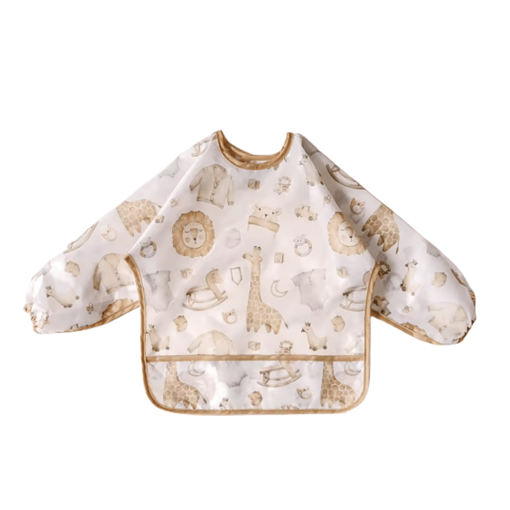 Babador Impermeável Azul ou Rosa com Mangas para Bebê BLW Introdução Alimentar com Cata Migalhas